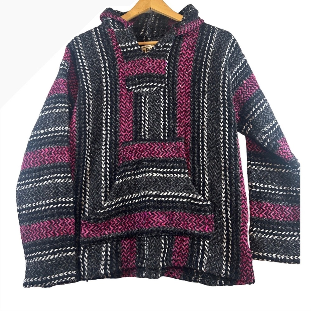 Baja Joe Mens Hooded Poncho Baja Hoodie Pink Black White Stripe Pullover Size LL